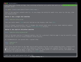 Codex explaining the final recommendation to use quoted date and time plus a defensive comparator