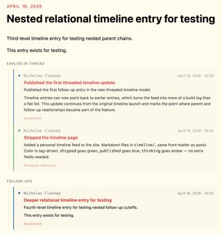 Timeline entry detail page showing multiple ancestors stacked under Earlier in thread